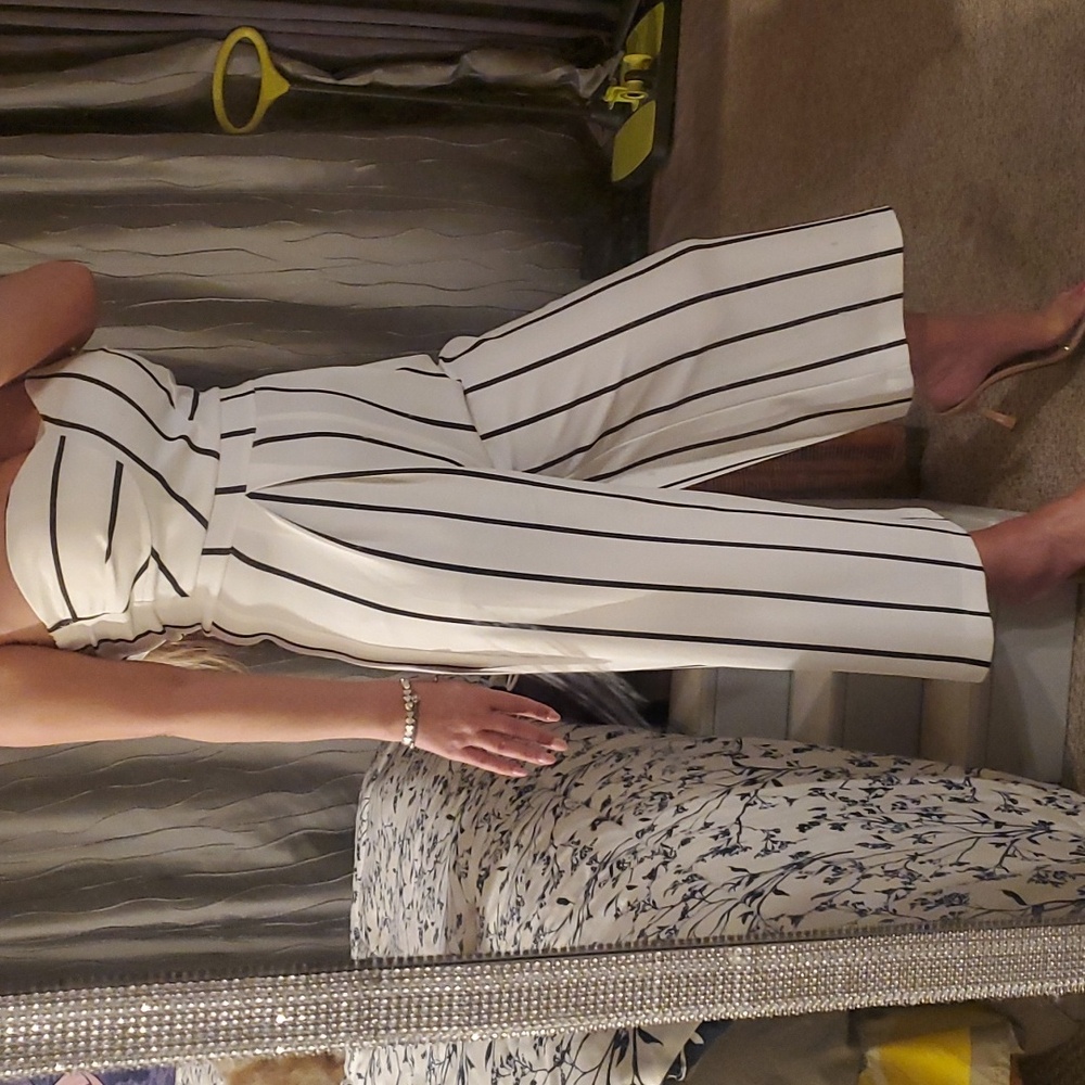 ADORABLE. white and navy striped strapless jumpsuit size small